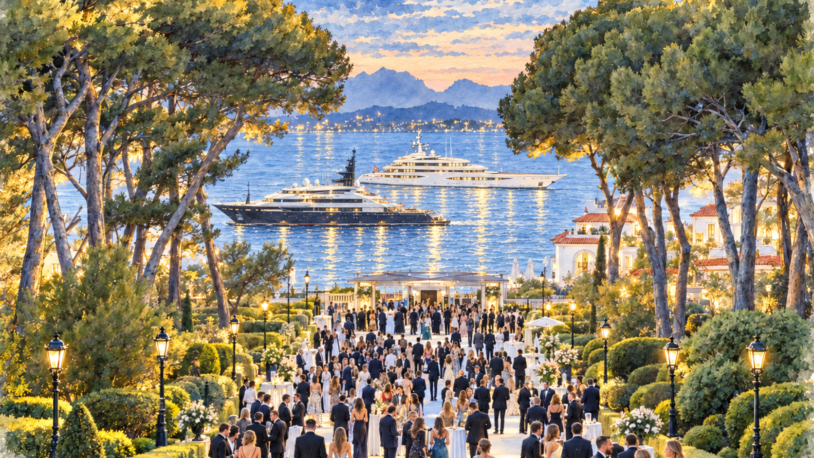 The amfAR gala at Hôtel du Cap-Eden-Roc at dusk, two superyachts at anchor beyond the garden