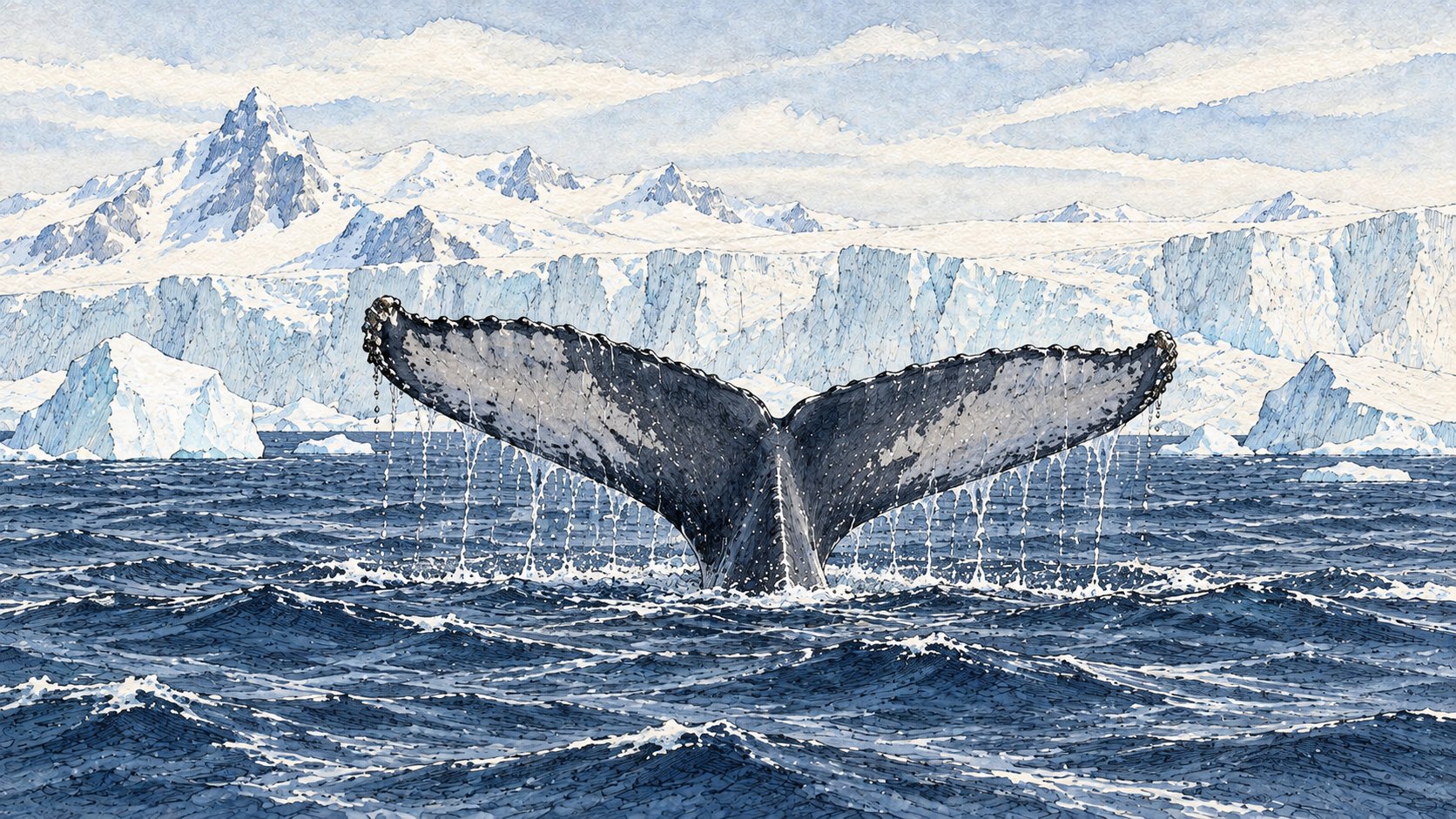 Humpback whale among icebergs