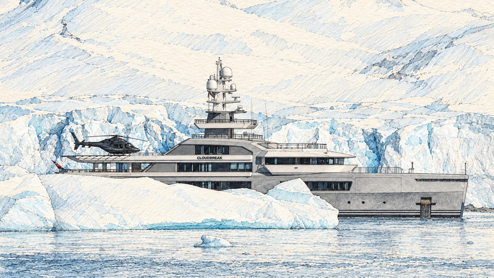 M/Y Cloudbreak with her helicopter on deck, among the ice