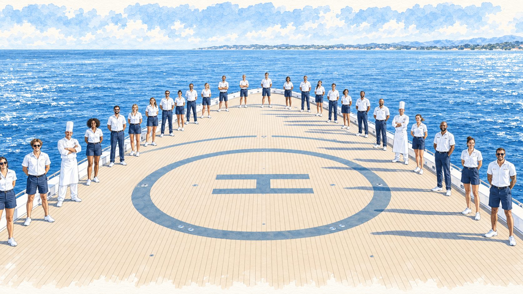 The crew lined up on the foredeck