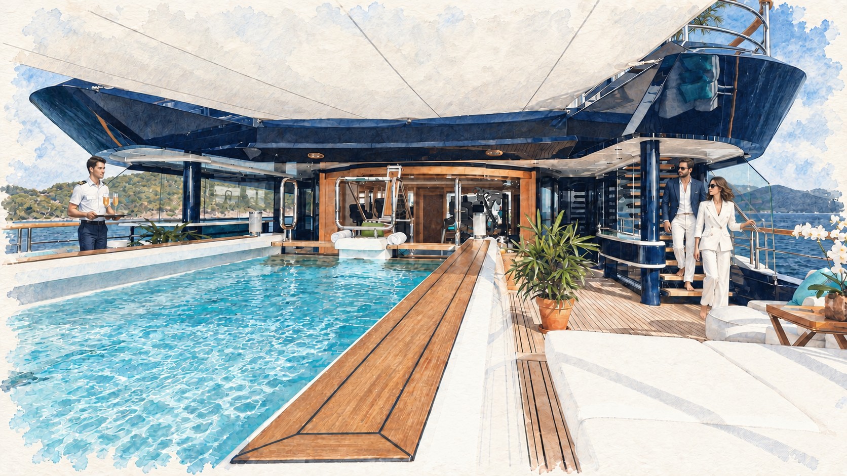 Aft deck and pool of a superyacht, guests coming down the stairs