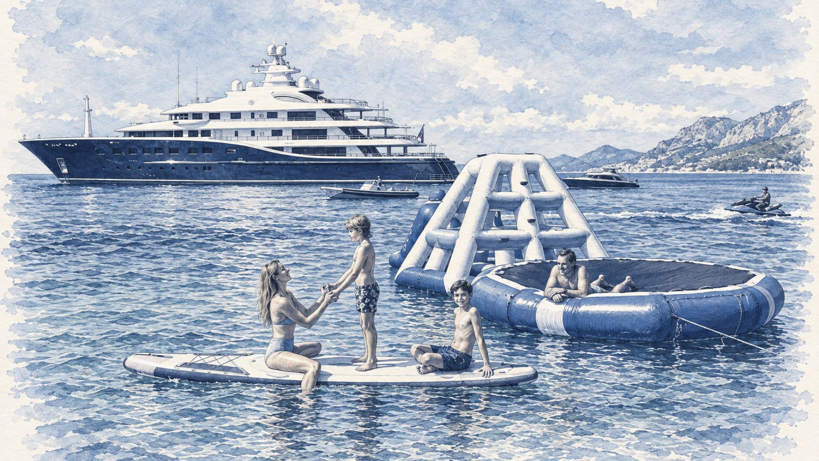 A family on the water toys off the stern of a yacht
