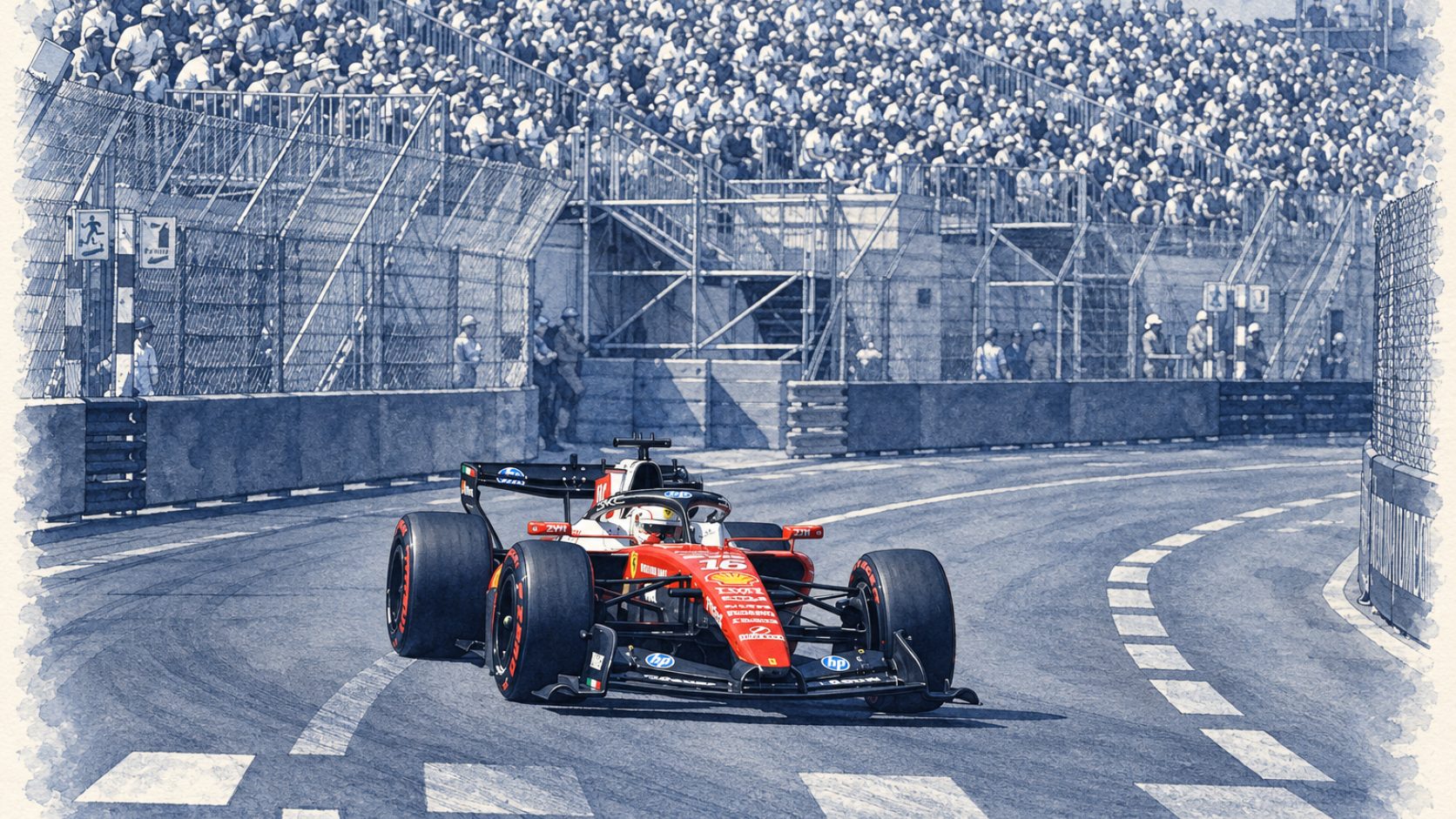 A Formula 1 car through the harbour chicane, grandstands behind