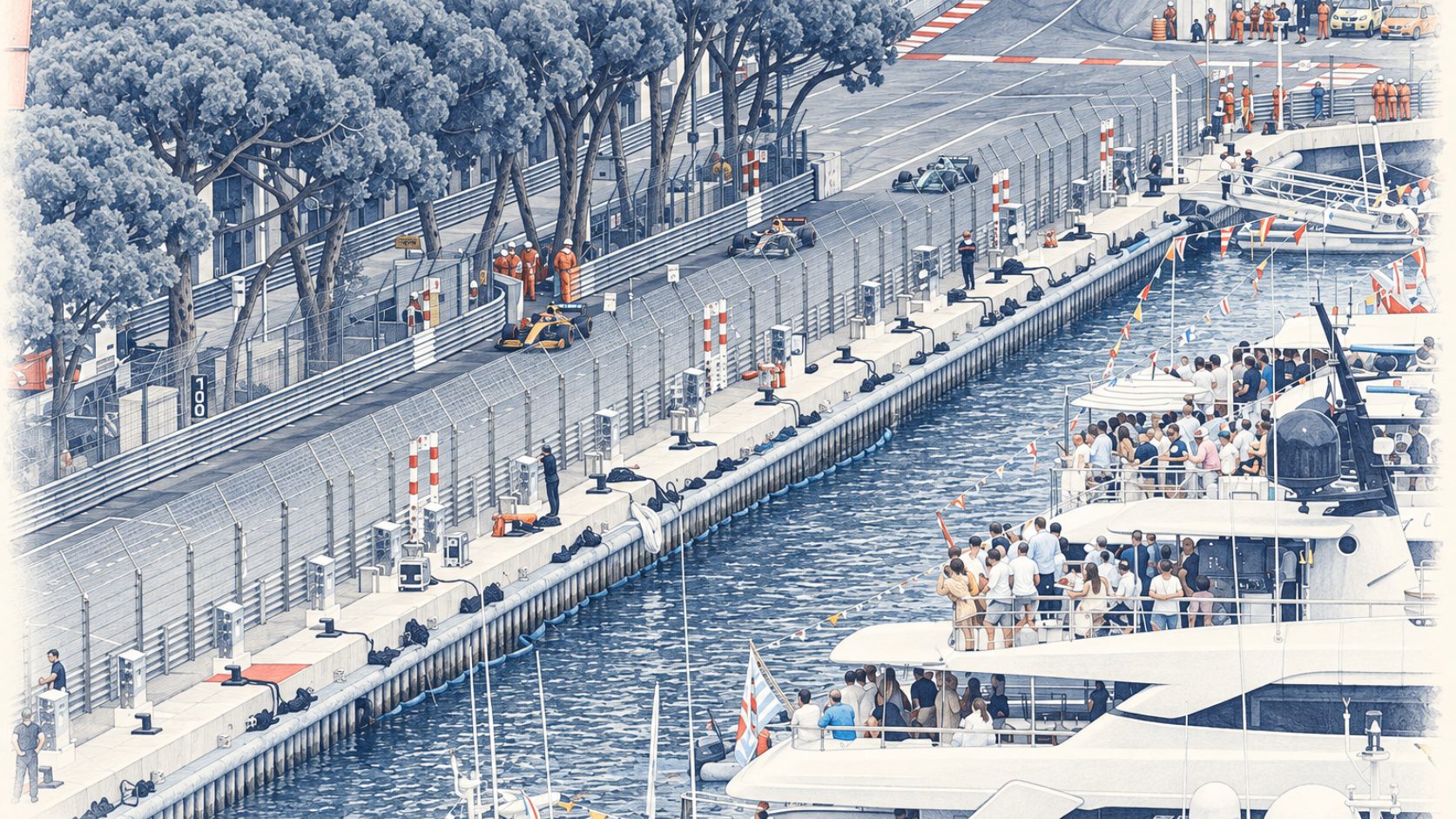 Guests on a yacht’s deck beside the track, Port Hercule