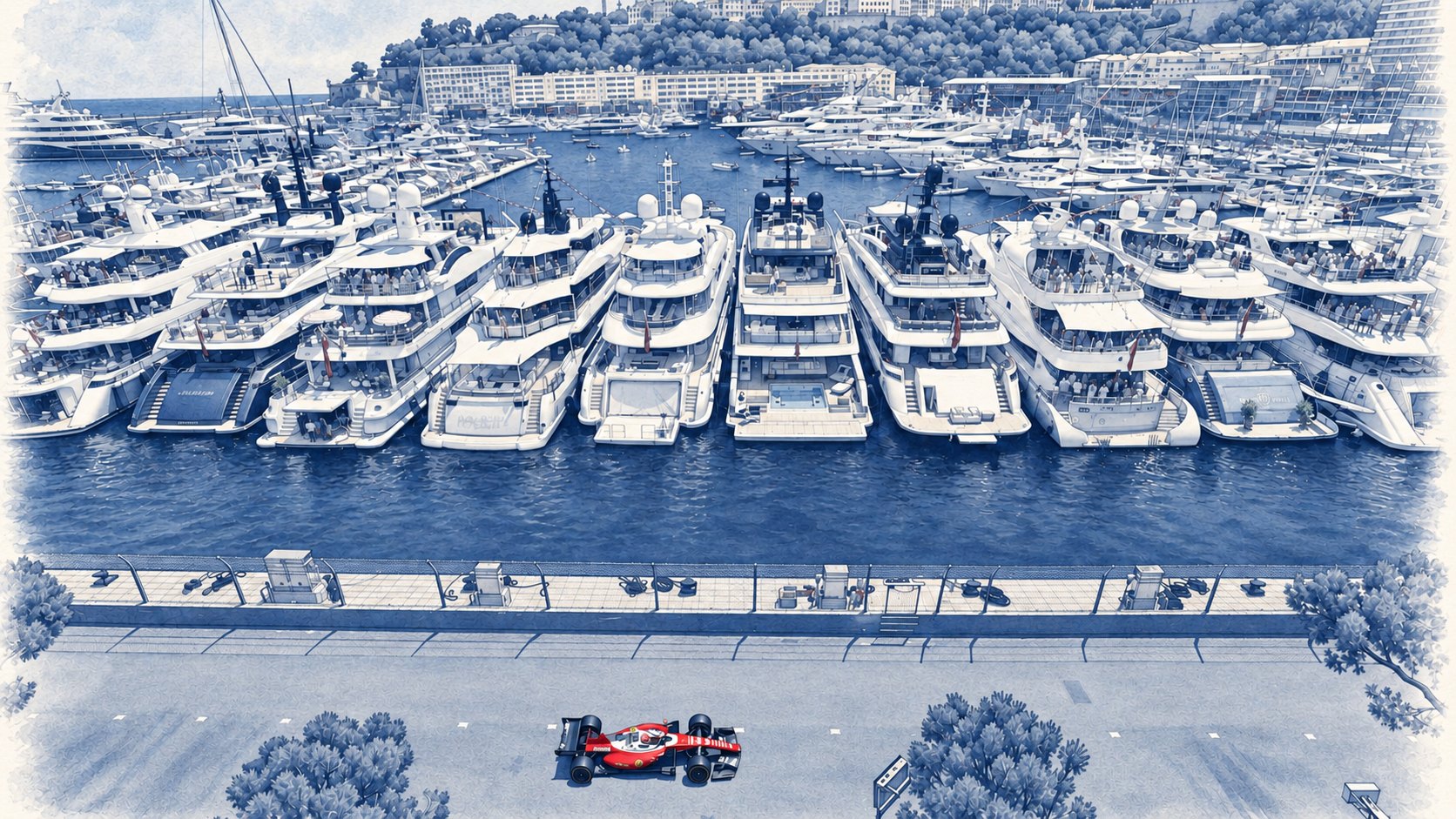 Yachts berthed stern-to the circuit during a session
