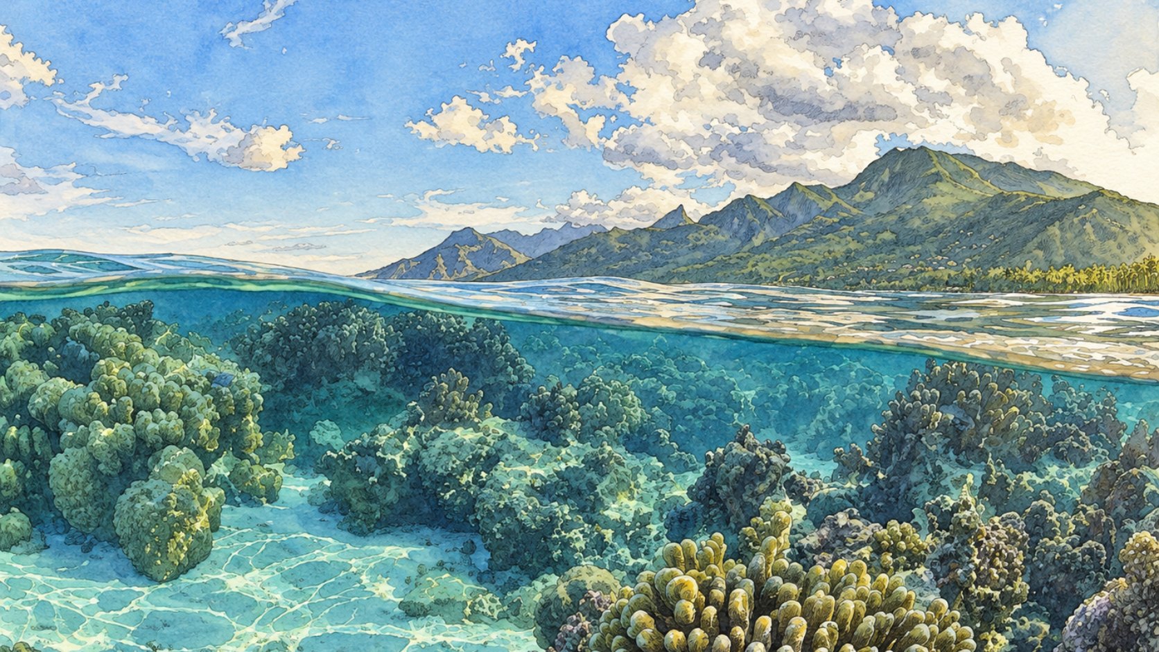 Moorea from the reef, half above and half below the water