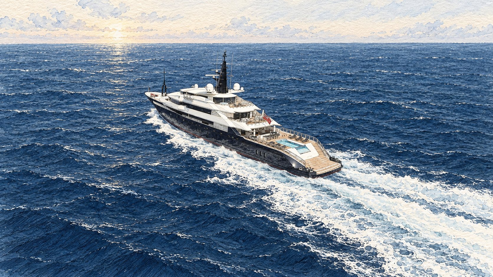 Superyacht under way in open ocean, long wake behind her