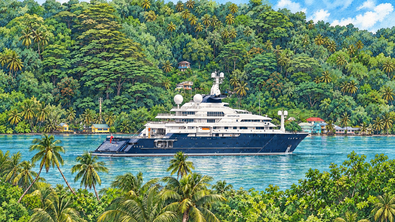 Expedition yacht at anchor off a Pacific island village
