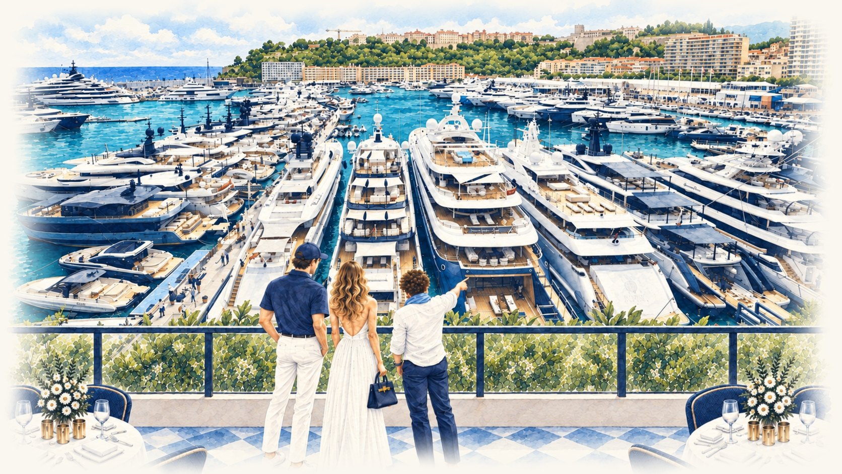 Diego Luca on a terrace above Port Hercule, showing a couple the yachts
