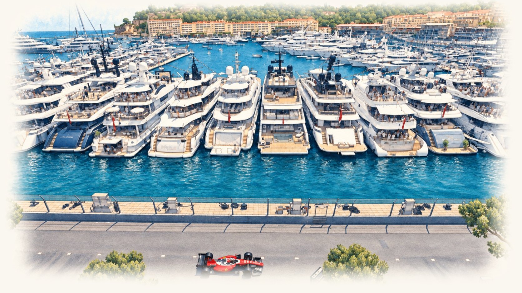 Superyachts berthed stern-to along the Grand Prix circuit at Port Hercule, a red car passing below